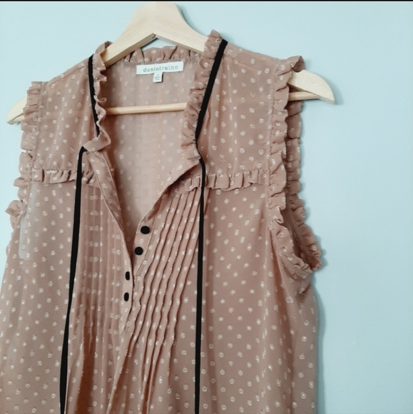 🌿2 for $40 / DANIEL RAINN Sheer Tan Flocked Polka-dot Blouse Top M - Picture 3 of 6